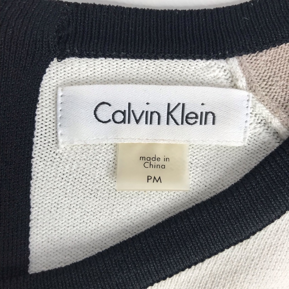 CALVIN KLEIN M Petite Colorblock Knit Long Sleeve Dress Black Taupe Cream MP - Picture 4 of 15
